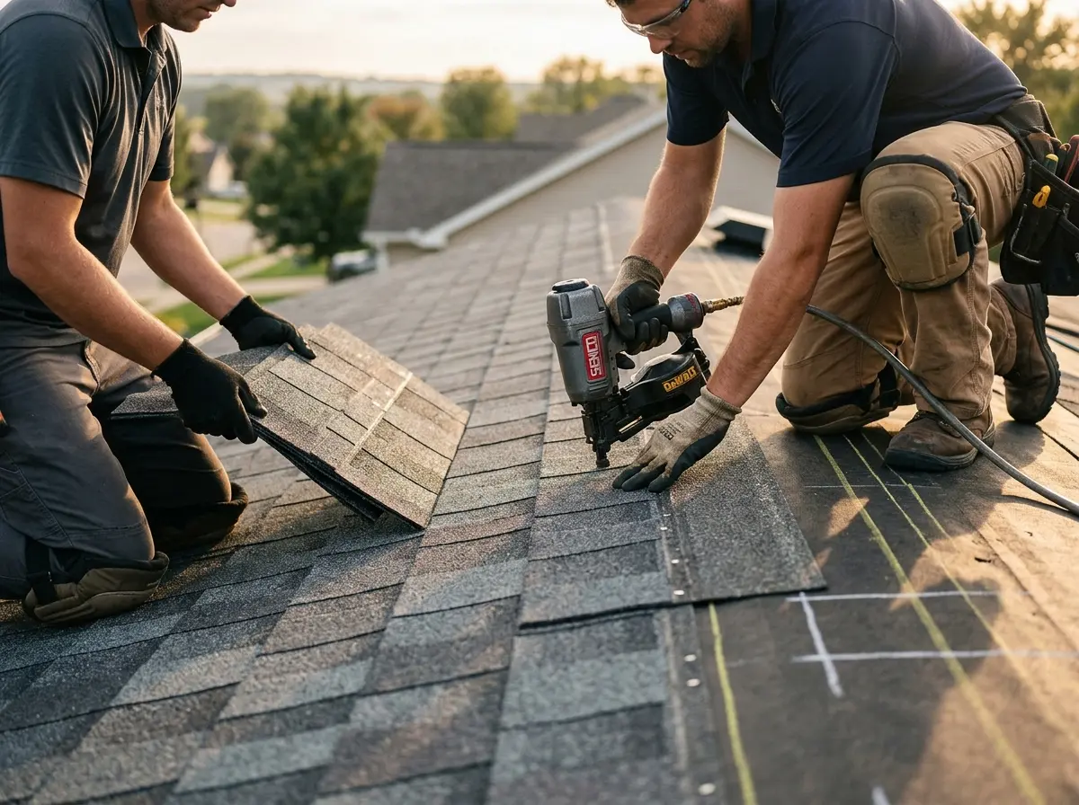 Professional roofer working on a residential roof in Parker